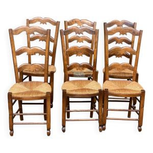 6 chaises bois massif et paille dossier sculpté papillon