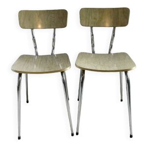 Paire de chaises en formica ''bois'' et chants dorés, années 60