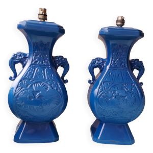 Paire de pieds de lampes en céramique asiatique