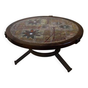 Table basse métal et céramique Vallauris, années 60