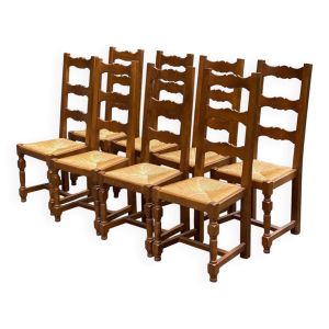 8 chaises en bois massif chêne clair et paille type ferme dossier haut