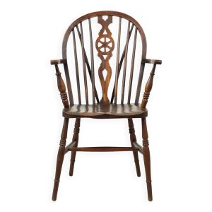 Chaise Windsor ancienne en bois de hêtre et d'orme avec dossier à roulettes, XIXe siècle