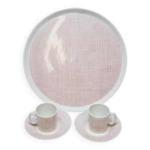 Plat à tarte, 2 tasses en porcelaine Vichy Philippe Deshoulières Lourioux