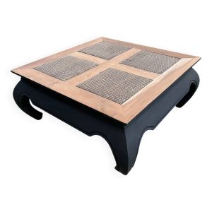 Table basse à opium carrée, en teck massif, pieds éléphant