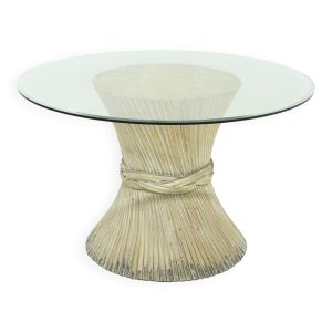 Table de salle à manger ronde en bambou et verre, attribuée à McGuire, États-Unis, années 1970
