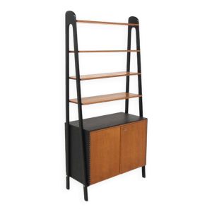 Commode-bibliothèque en teck et en simili-cuir, suède, 1950