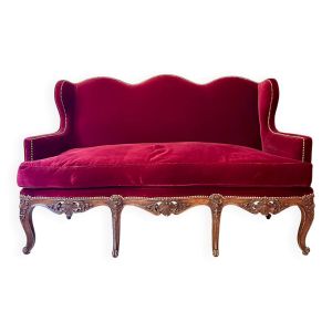 Canapé banquette vintage en velours rouge style Louis XV, 162cm