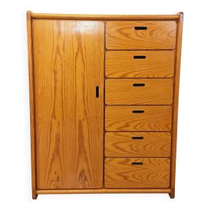 Petite armoire type commode avec tiroirs et penderie vintage Gautier en pin