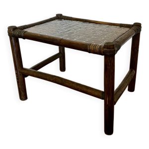 Table d'Appoint Bambou Rotin Verre Fumé Années 1970, Table Basse Rotin Verre Fumé