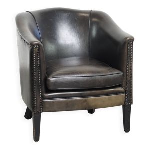 Fauteuil club en cuir de mouton noir/gris