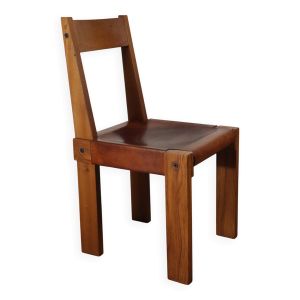Chaise vintage en orme massif et cuir - 1970
