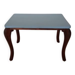 Table basse art déco bois brut et bleu zingueur