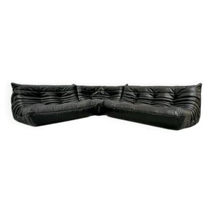 Ensemble de salon Togo français en cuir noir par Michel Ducaroy pour Ligne Roset, ensemble de 3 pièces