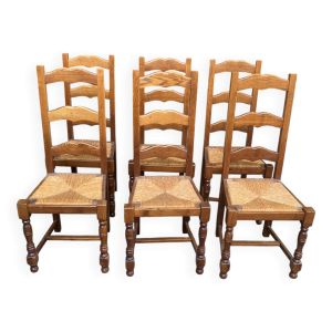 6 chaises bois massif clair et paille dossier haut type ferme