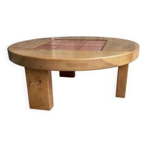 Table basse ronde en orme massif et tomettes - tripode - design 1970