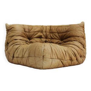 Fauteuil d'angle vintage Togo en cuir cognac Michel Ducaroy Ligne Roset