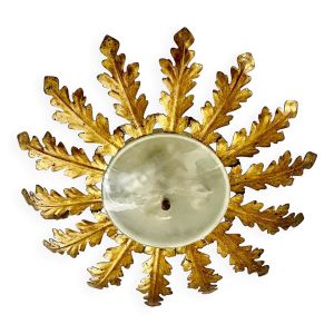 Lustre plafonnier soleil dorée métal verre, 1960s