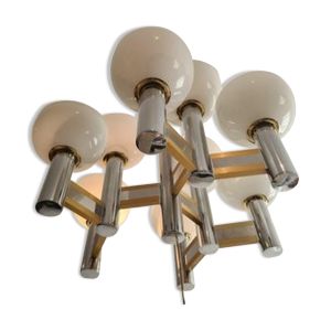 Lustre vintage en laiton et chrome par Gaetano Sciolari pour Sciolari, Italie