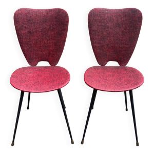 2 chaises pétales cuir skaï rouge bordeaux et métal noir 1950 Sery