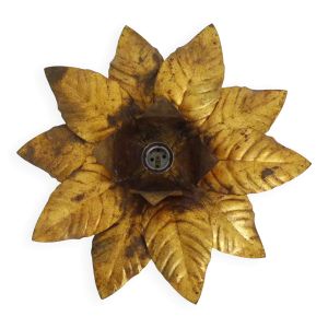 Applique murale, plafonnier soleil feuillage en métal doré, plafonnier vintage. Italie Années 70
