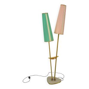 Lampadaire des années 1950 avec abat-jour rose et vert et pieds dorés