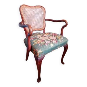 Fauteuil bridge en bois, cannage et tissu