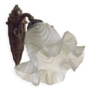 Single French Bronze Art Nouveau Wall Light Flower Detail White Glass Shade 4970