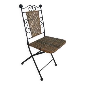Chaise en fer forgé et rotin,  pliante  et vintage