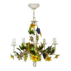 Lustre en métal peint épi de blé, feuillages, fleurs, grappes de raisin