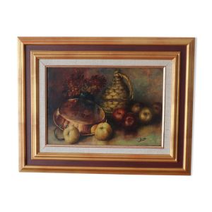 Tableau ancien nature morte dame jeanne et pommes