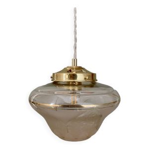 Suspension globe Art Déco en verre dépoli blanc et doré