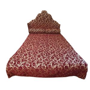 Ensemble tête de lit bois, dessus de lit, rideau, velours damassé bordeaux