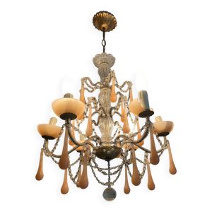 Superbe lustre ancien laiton/ verre/ opaline murano