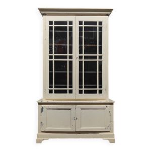 Ancienne bibliothèque d'école, vaisselier blanc patiné deux corps année 1888