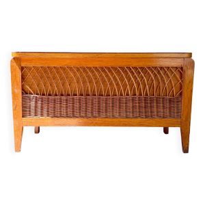 Banc coffre vintage en bois et rotin – Années 60 – Banc de rangement rétro