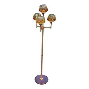 Lampadaire design 1970 en métal chromé doré et orangé 4 tulipes en verre