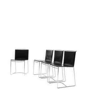 Set de 4 chaises fil en cuir noir, Pascal Mourgue, 1990s