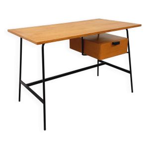 Bureau moderniste vintage Pierre Paulin en bois de chêne et métal noir