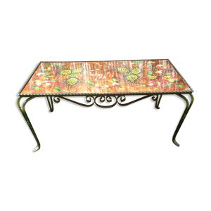 Table basse en fer forgé et céramique de Vallauris signé La Grange.