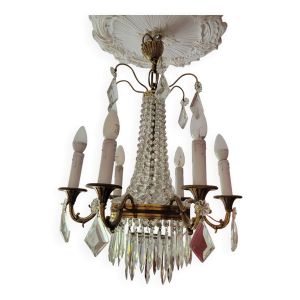 Lustre montgolfière 6 feux en bronze et pampilles en cristal, fin XIXème