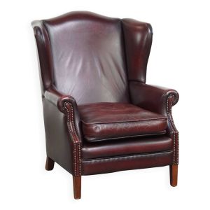 Fauteuil à oreilles en cuir de vache rouge bordeaux de style anglais