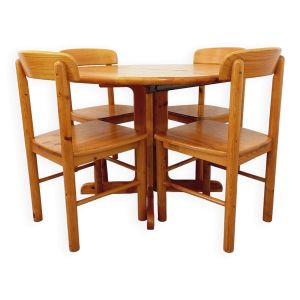 Suite d’une table ronde avec rallonge et 4 chaises vintage en pin des années 60 70