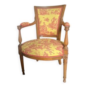 Fauteuil cabriolet style Louis XVI en toile de Jouy jaune et rouge, France