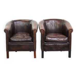 Lot de 2 fauteuils club en cuir de vachette de style anglais