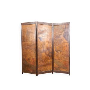 Paravent Pyrogravé, Ville Médiévale Méditerranéenne, Art Nouveau/Déco, 1930