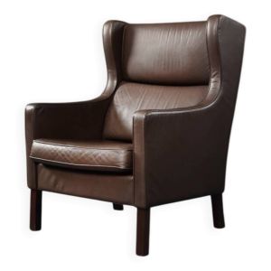 Fauteuil à oreilles en cuir marron de style danois moderne du milieu du siècle, années 1960