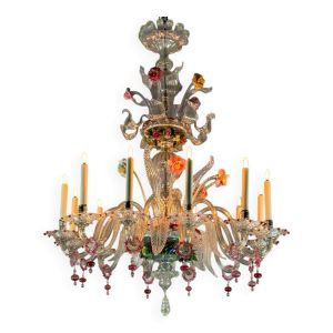 Lustre Vénitien En Verre De Murano Multicolore Deux Niveaux