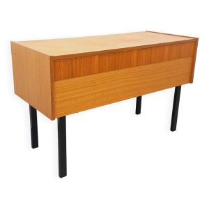 Meuble de rangement / coffre sur pieds vintage en teck et métal noir des années 70
