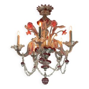 Lustre vénitien en verre de Murano incolore et rouge, 5 bras de lumière ver