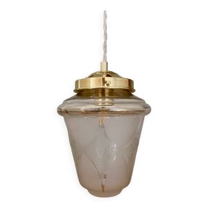 Suspension globe vintage en verre dépoli blanc et doré